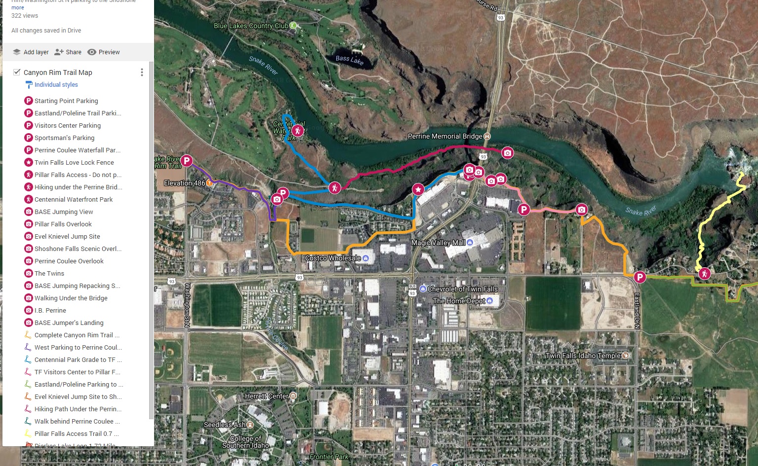 This is a very popular area for road biking and walking, so you'll. Twin Falls Snake River Canyon Rim Trail map